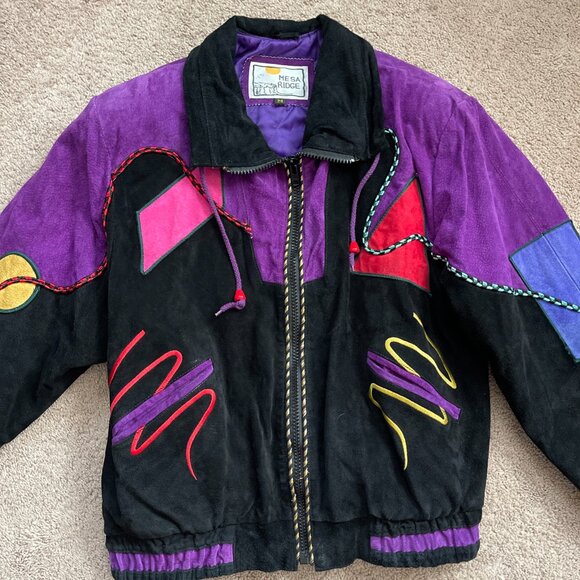 Mesa Ridge Suede Coat Womens M Purple Black Leather Southwestern Bomber Jacket - Picture 4 of 11
